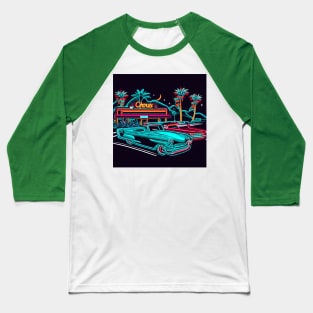 A design that captures the spirit of a classic American road trip from the 1950s or 60s, with vintage cars, neon signs, and roadside attractions. Baseball T-Shirt